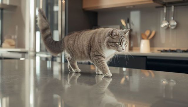 Curious grey tabby cat walking across polished kitchen countertop reflecting stainless decor