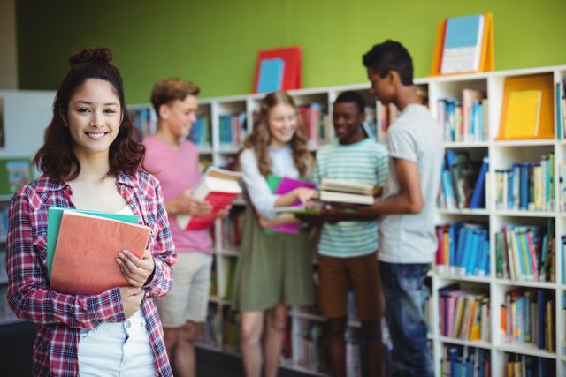 Group of diverse teenagers studying and interacting in a school library. One student in the foreground is smiling and holding books, while others are engaged in conversation and selecting books from the shelves. Ideal for educational materials, school brochures, and articles on student life and learning environments.