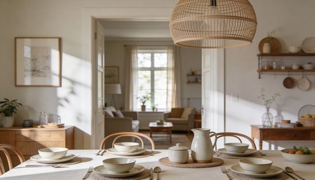 Sunlit scandinavian dining table bathing in warm light with ceramic dinnerware and rattan lamp