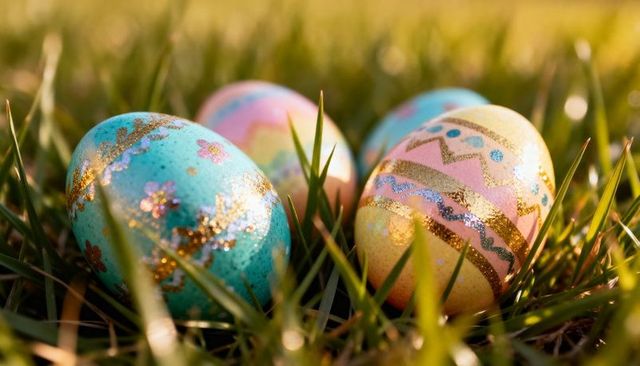 Colorful Glitter Easter Eggs Nesting in Grass at Golden Hour Spring Holiday Decor