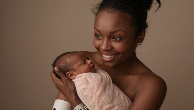 Tender black mother cradling newborn in pale pink knit swaddle studio portrait