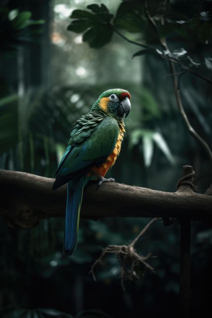 Tropical parrot perched on branch with plants background, created using generative ai technology. Parrot, tropical bird, wildlife and nature concept digitally generated image.