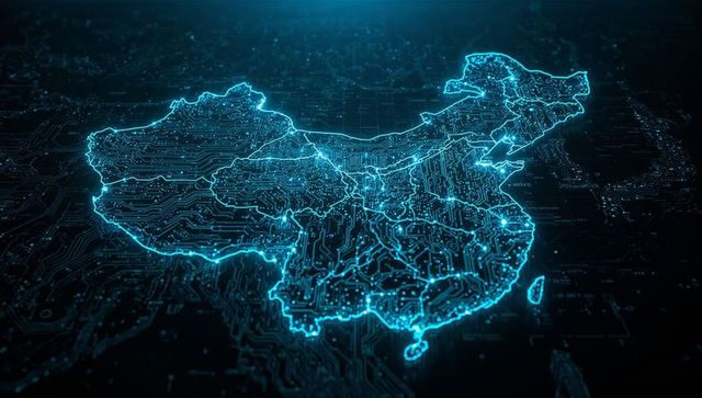 Futuristic Circuit Board Map of China Emitting Neon Blue Glow