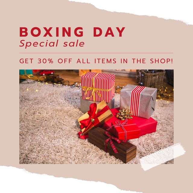 Ideal for promoting Boxing Day sales and special discounts during the holiday season. Can be used for online and print advertisements, social media posts, and marketing materials for retail stores. Highlights festive atmosphere and appeals to holiday shoppers looking for discounts.