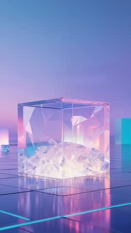 Orbiting cut-glass cube revealing glowing crystalline shards on neon grid vertical loop