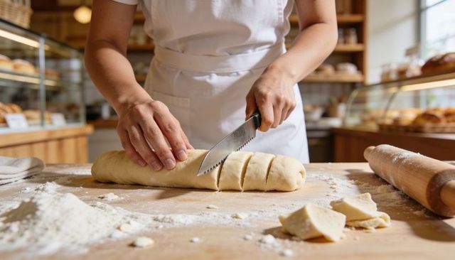 Baker slicing rolled dough with serrated knife on floured wooden workbench in bakery