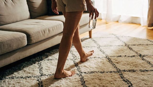 Barefoot woman walking across plush rug holding glass of water in sunlit living room