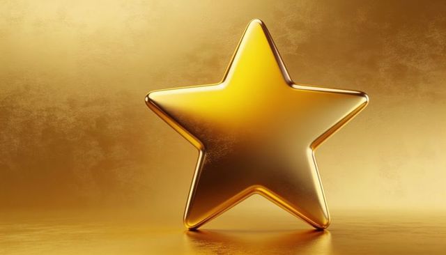 Glossy gold star award on reflective surface with luxury textured backdrop
