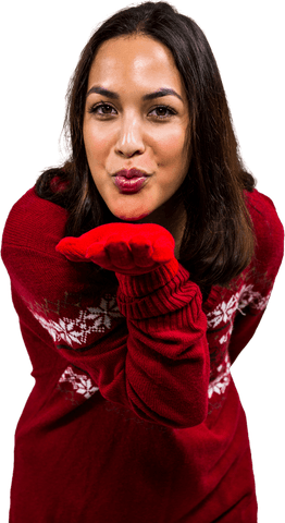 Festive Brunette Woman in Red Sweater Blowing Transparent Kiss