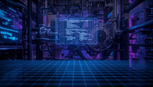 Futuristic reactor lab emitting neon reflections and displaying floating holographic code