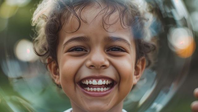 Laughing curly-haired child inside shimmering soap bubble outdoor closeup portrait bokeh