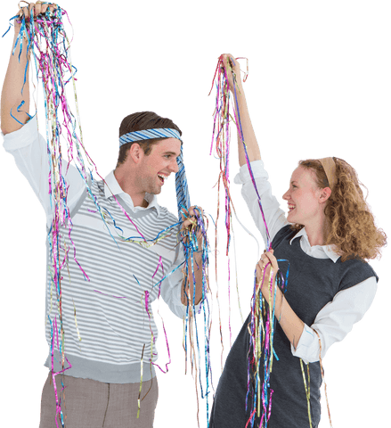 Joyful Couple Celebrating with Colorful Streamers on Transparent Background