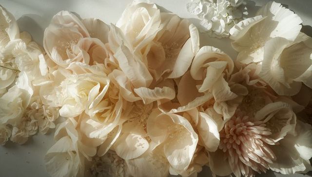 Softly lit cream blush peonies and roses with mums creating luxurious pastel bouquet