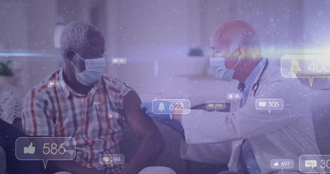 Doctor vaccinating senior man during home visit with masks and social media notification overlays