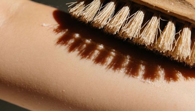 Dry brushing forearm with natural fiber brush casting crisp shadows and warm skin texture