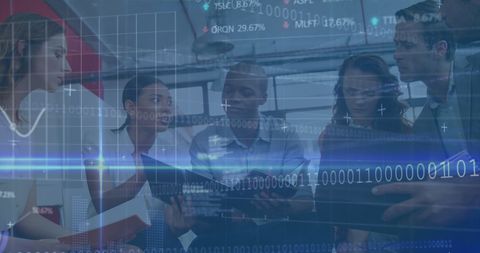 Business Team Collaborating Amidst Digital Financial Infographics