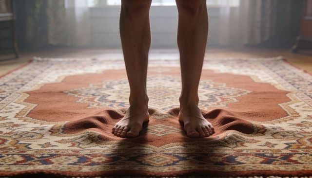 Standing barefoot pressing patterned geometric rug on hardwood floor with soft window light