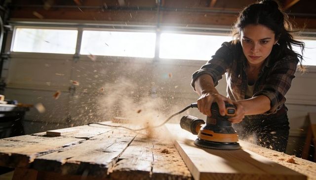 Woman sanding reclaimed wood on workbench in backlit garage workshop, sawdust flying