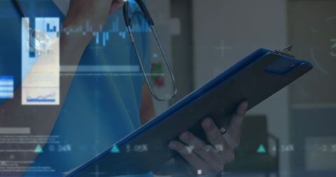 Healthcare Professional Analyzing Data with Clipboard and Stethoscope