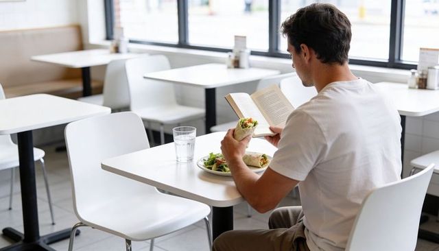 Solo man reading paperback while eating healthy wrap and salad at minimalist sunlit cafe