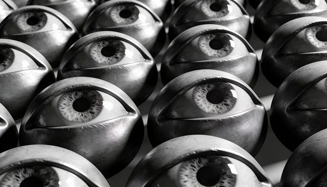 Metallic eye spheres repeating grid reflecting light surreal surveillance sculpture