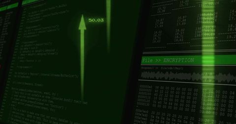Cybersecurity control console showing green code encryption dump with upward 50.03 arrow