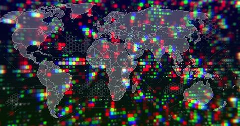 Digital world map with rgb pixel clusters and network lines