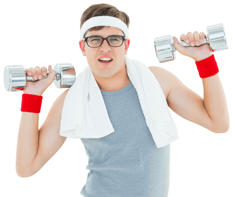 Caucasian man with dumbbells wearing headband transparent background