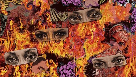 Surreal collage with eyes amid fiery abstract elements