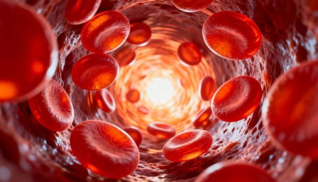 Flowing red blood cells inside microvessel lumen with glowing central light