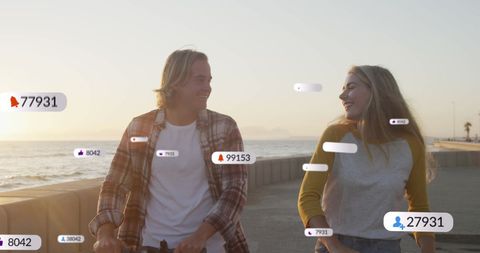 Joyful Couple on Seaside Ride Surrounded by Social Media Elements