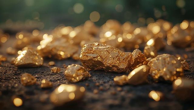 Shimmering gold nuggets in natural riverbed setting