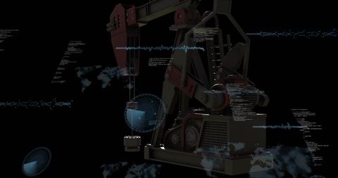 Holographic oil pump jack with telemetry overlays and worldmap visualization