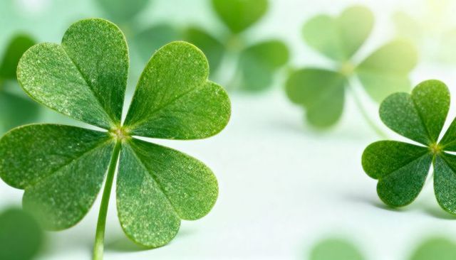 Closeup four-leaf clover revealing lucky green shamrock detail with soft bokeh background