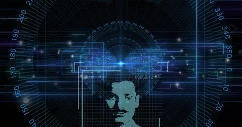 Biometric HUD displaying pixelated male face with neon circuitry and streaming telemetry