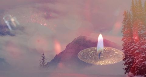 Dreamlike double-exposure glowing tealight over misty snow mountain with soft bokeh lights