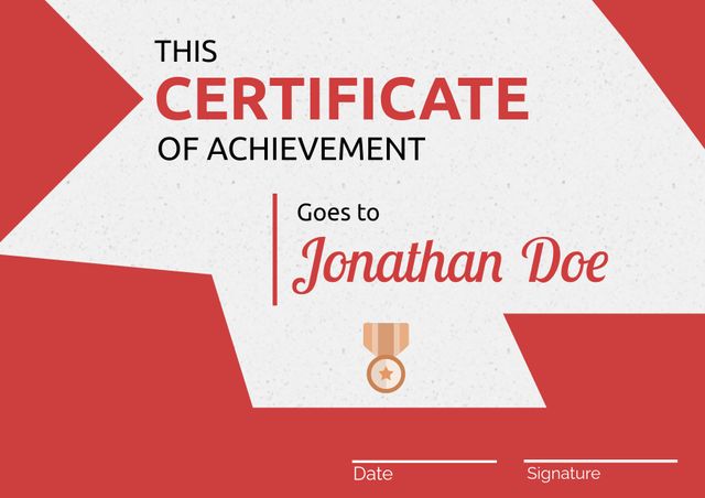 This bold red certificate template design is perfect for recognizing achievements in various fields such as academics, sports, or professional accomplishments. It features customizable text sections for the recipient's name, date, and signature, making it versatile for personalizations. Ideal for businesses, educational institutions, or personal use to honor and celebrate milestones and achievements.