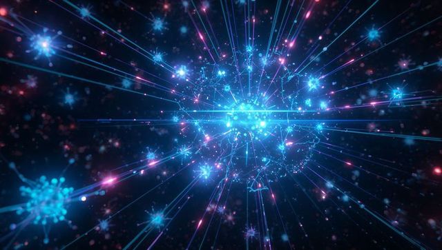 Pulsing neon neural core emitting radial beams and cosmic filaments for futuristic tech