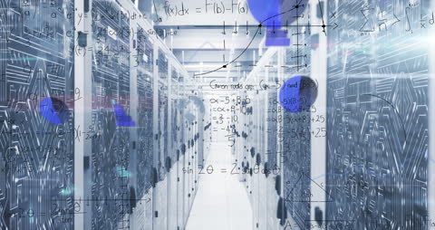Mathematical Equations Overlaid on Modern Server Room