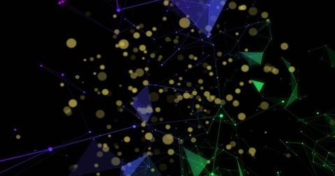 Luminous digital network forming triangular mesh with golden bokeh on black
