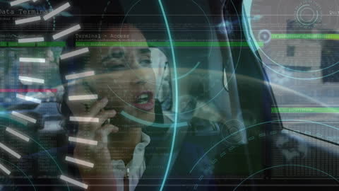 Digital Interface Overlay on Businesswoman in Futuristic Scenario