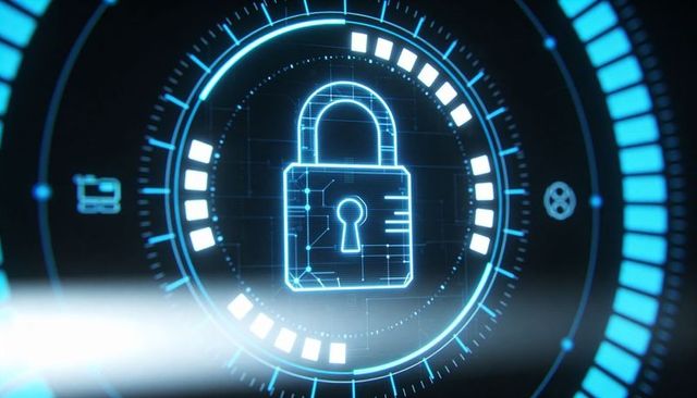 Holographic Neon Lock on Futuristic HUD Rings for AI Cybersecurity Data Encryption and Privacy