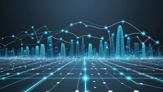 Futuristic digital city skyline with glowing data nodes