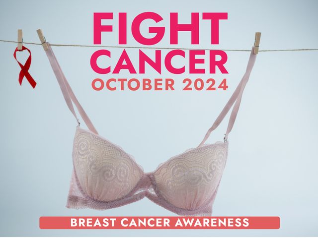 October 2024 breast cancer awareness highlighted by pink bra and ribbon. Ideal for healthcare campaigns, breast cancer support initiatives, educational materials, medical awareness advertising, social media posts promoting women's health.