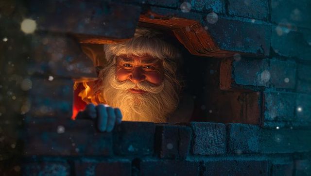 Mysterious santa peering through brick wall at night