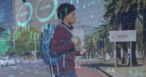 Young Man Using Smartphone with Stock Market Overlay on Street