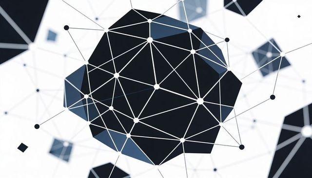 Futuristic polyhedron network with white triangular mesh and connecting nodes, digital data