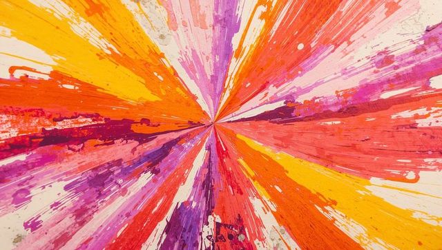 Radiating radial paint burst in warm spectrum featuring acrylic textures and energy