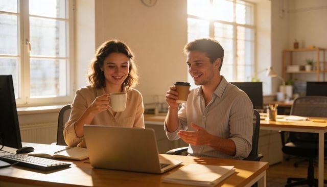 Collaborating coworkers sharing coffee while reviewing laptop in sunlit modern office