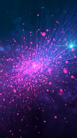 Vertical cosmic particle burst fanning magenta particles into pink core with blue streaks